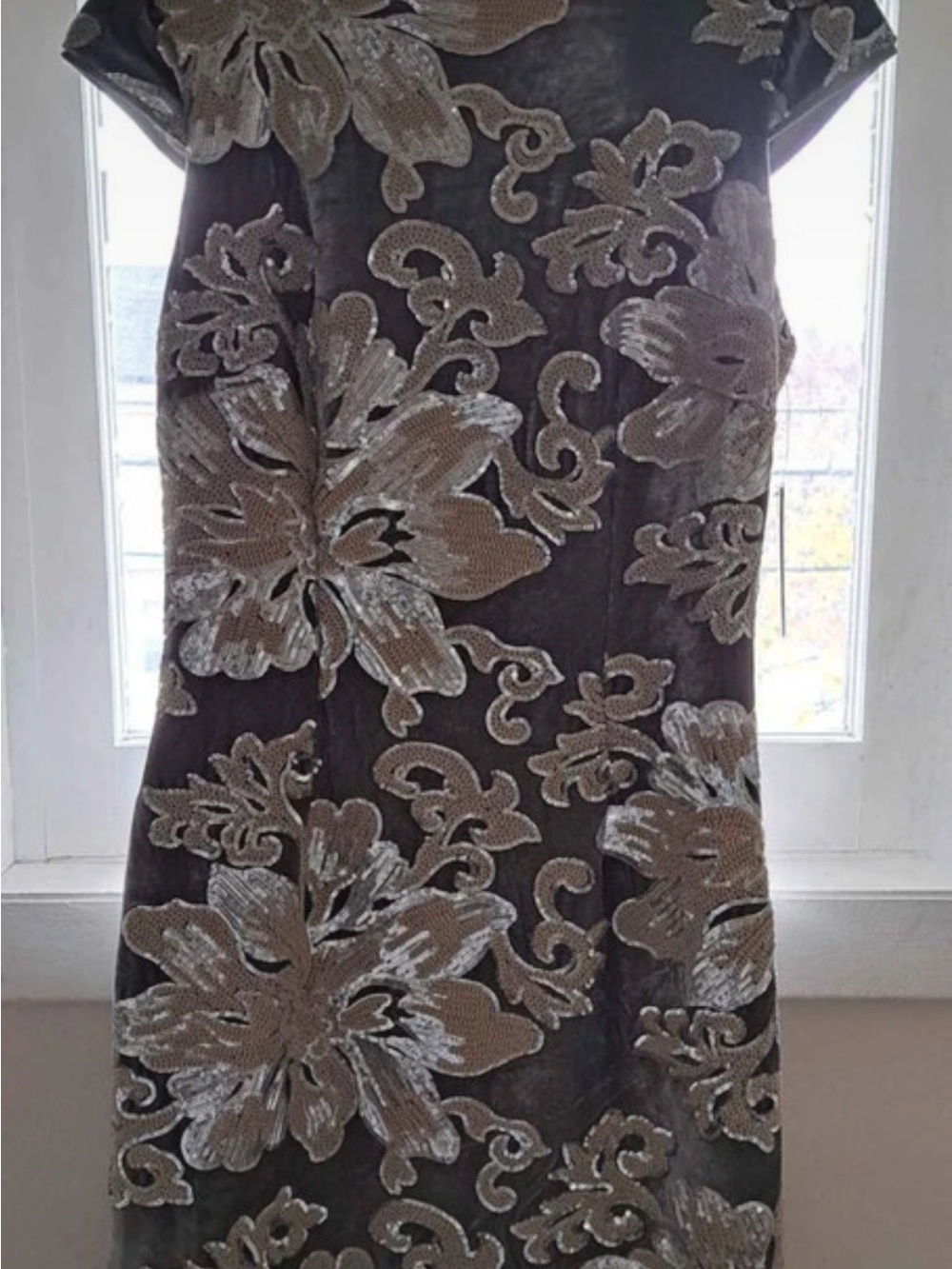 Guess Gray Velvet Dress with Gold Sequin Floral Embroidery